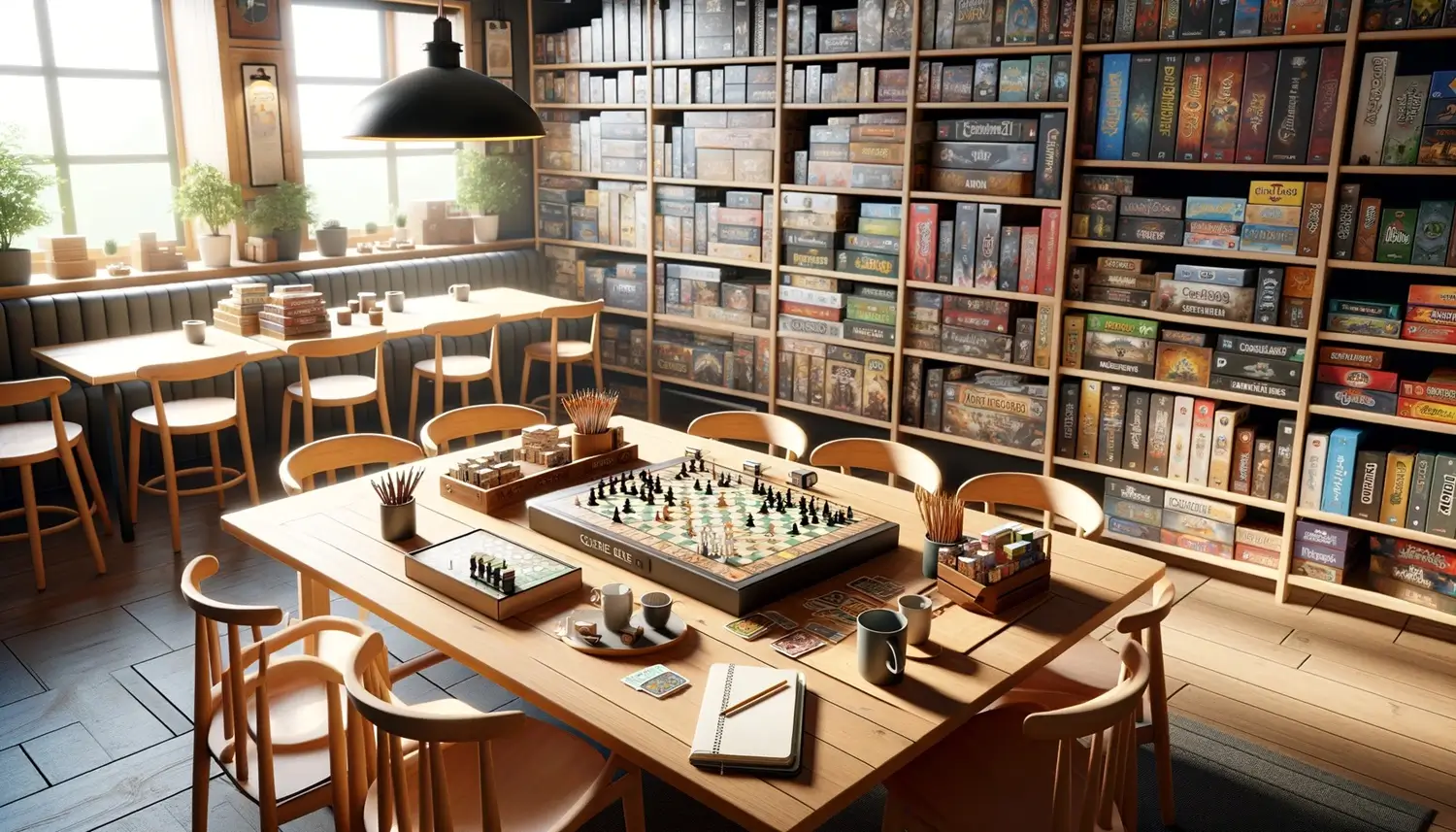 The inside of Boardwalk Games with bookshelves filled with boardgames, and wooden tables to play at