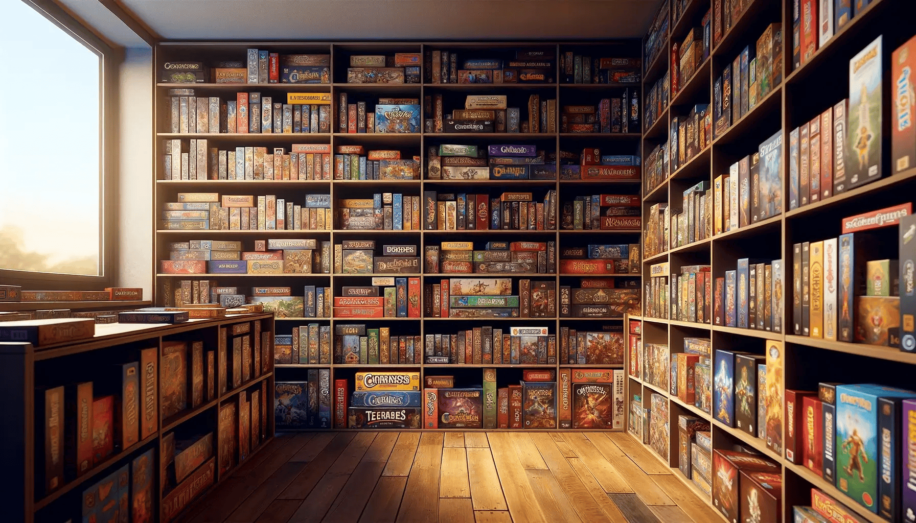 Bookshelves filled with boardgames