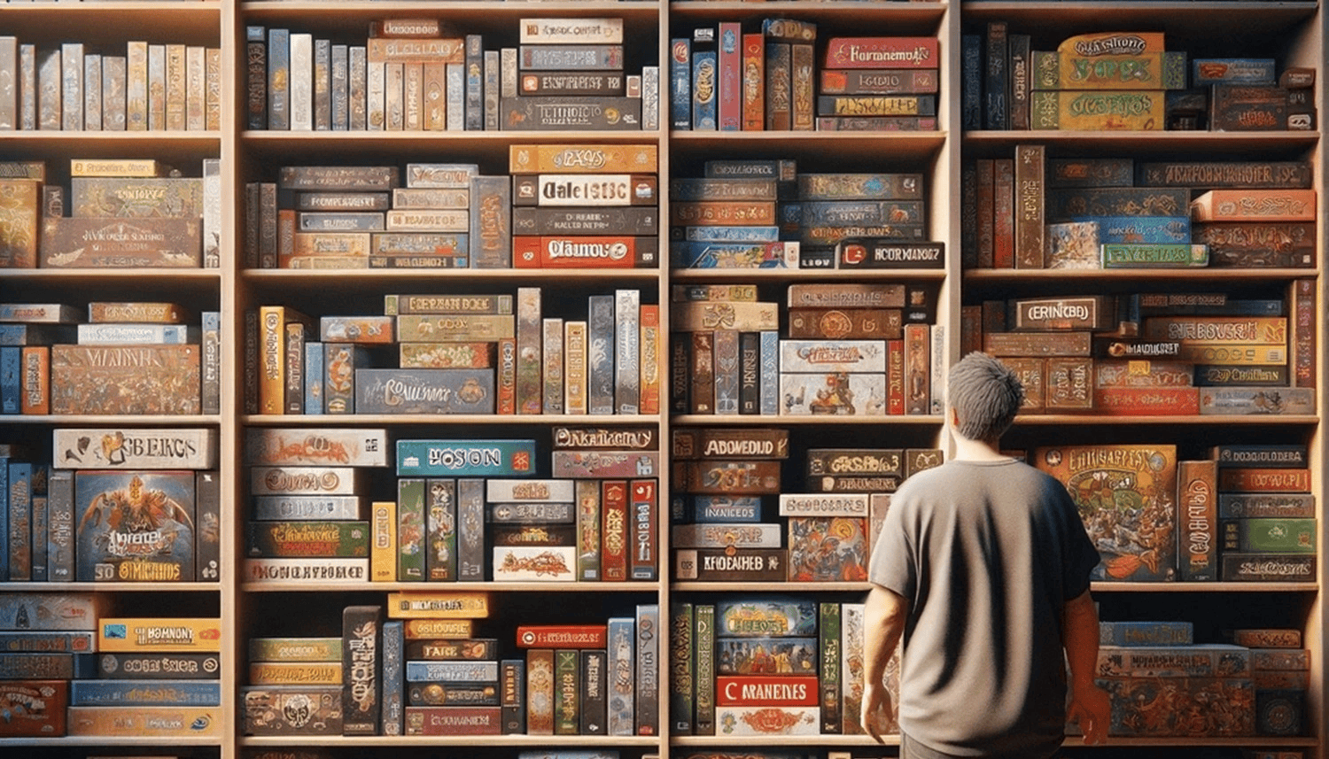 Bookshelves filled with boardgames, one man is browsing the shelves